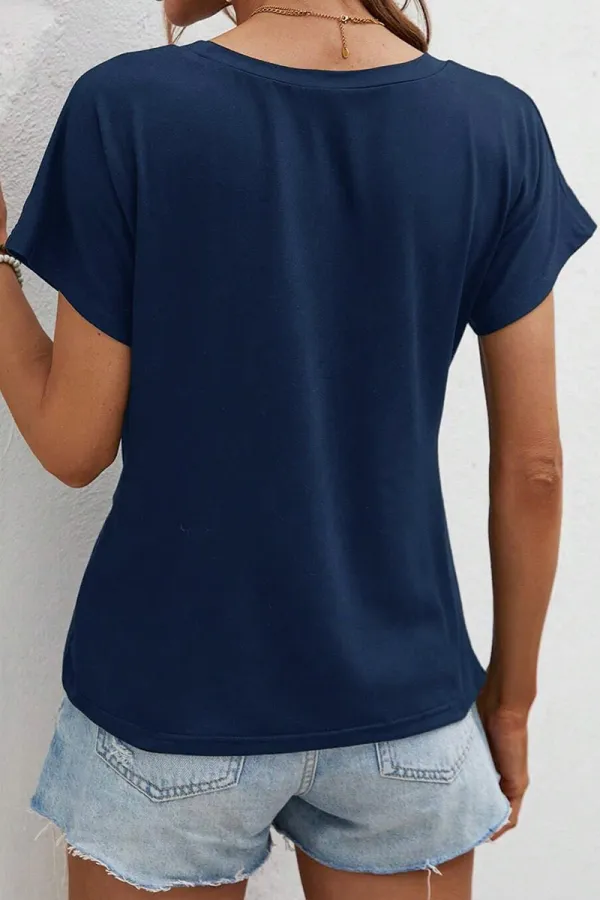 Solid Ruched Split Hem V Neck Short Sleeve T-Shirt