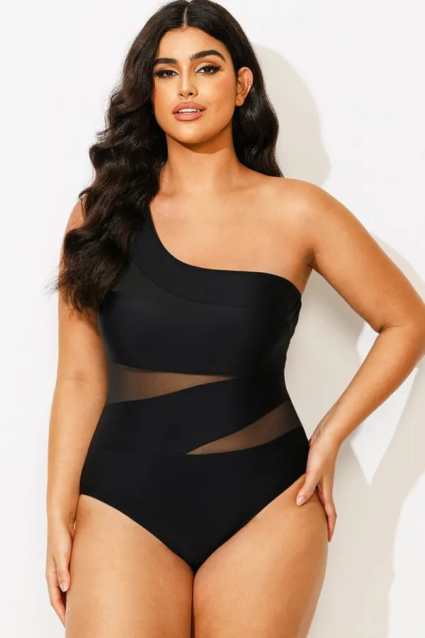Black Mesh Sexy One Shoulder One Piece Swimsuit