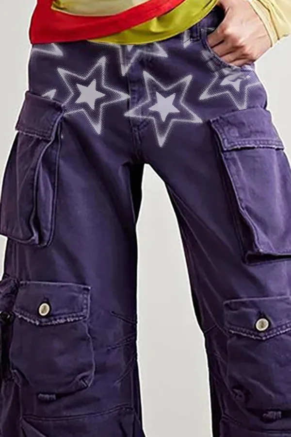 Offbeat Multi Pocket High Waist Wide Leg Full Length Horseshoe Cargo Jeans