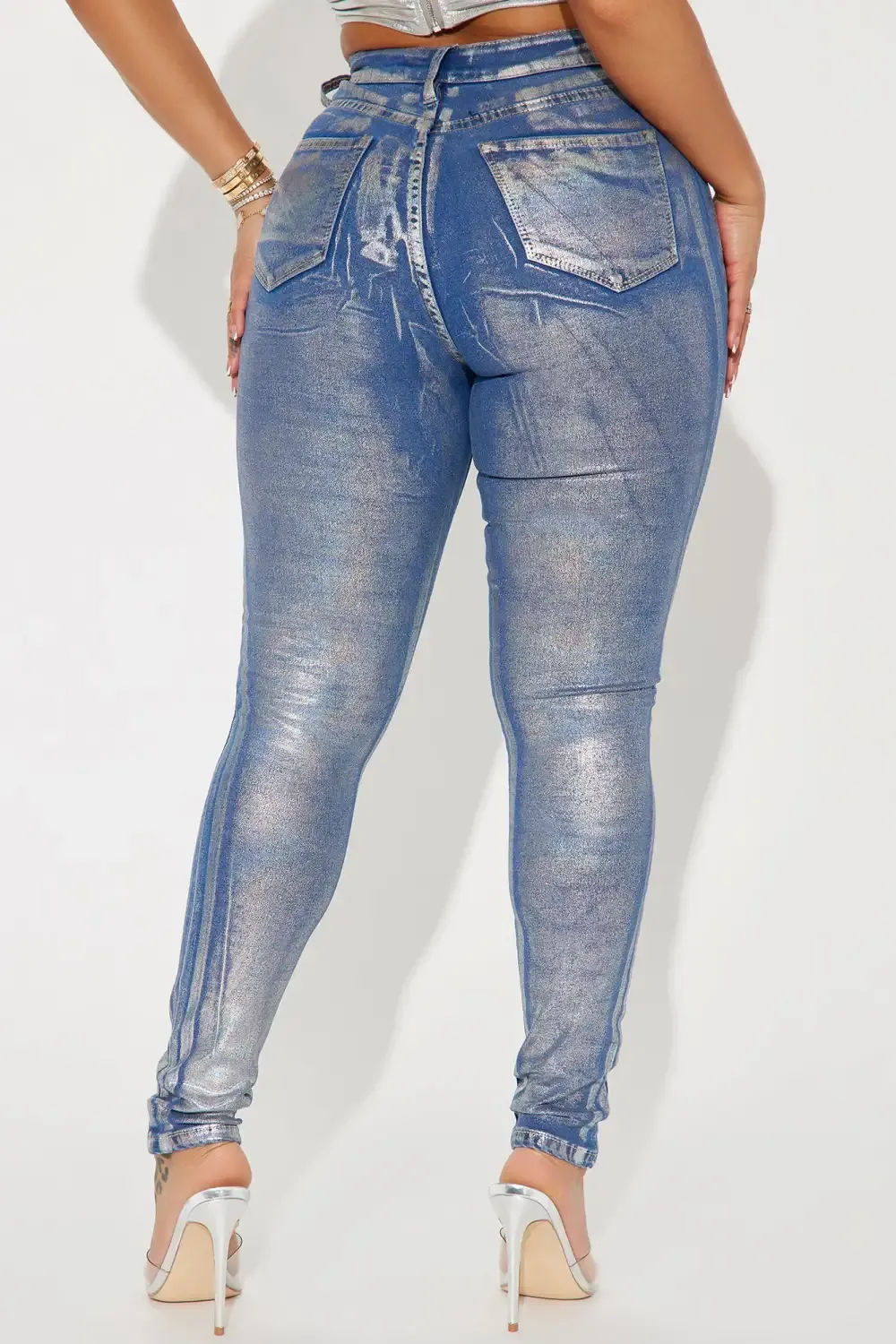 She's Glowing Metallic Foil Stretch Skinny Jeans - Silver