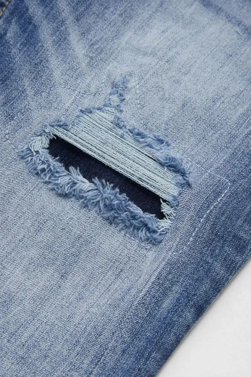 Ripped Raw Hem Mid Rise Denim Bermuda Shorts