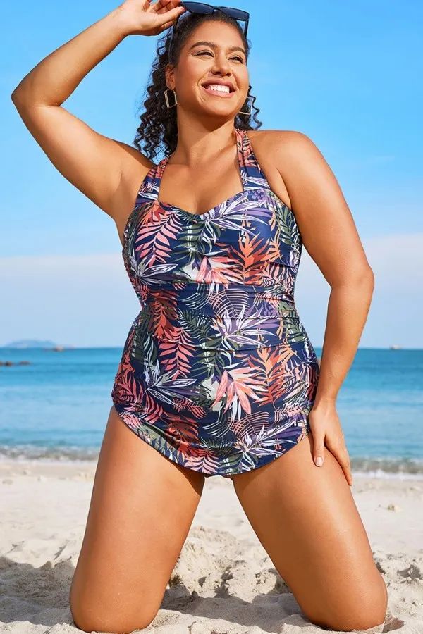 Tropical Print Sarong Front One Piece Swimsuit