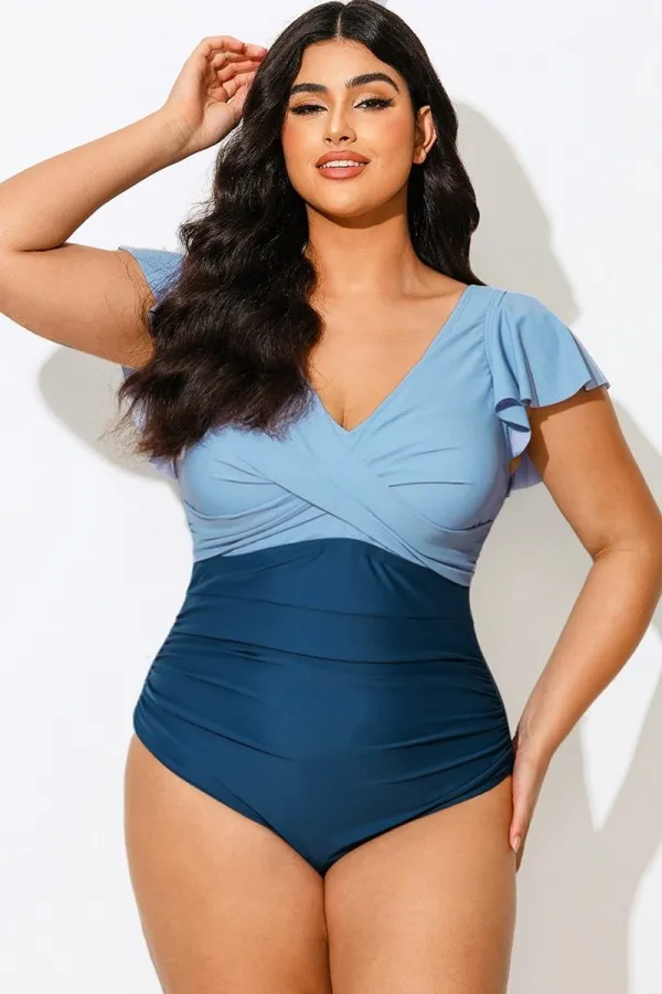 Blue Tone Gathered Ruffle Sleeve One Piece Swimsuit