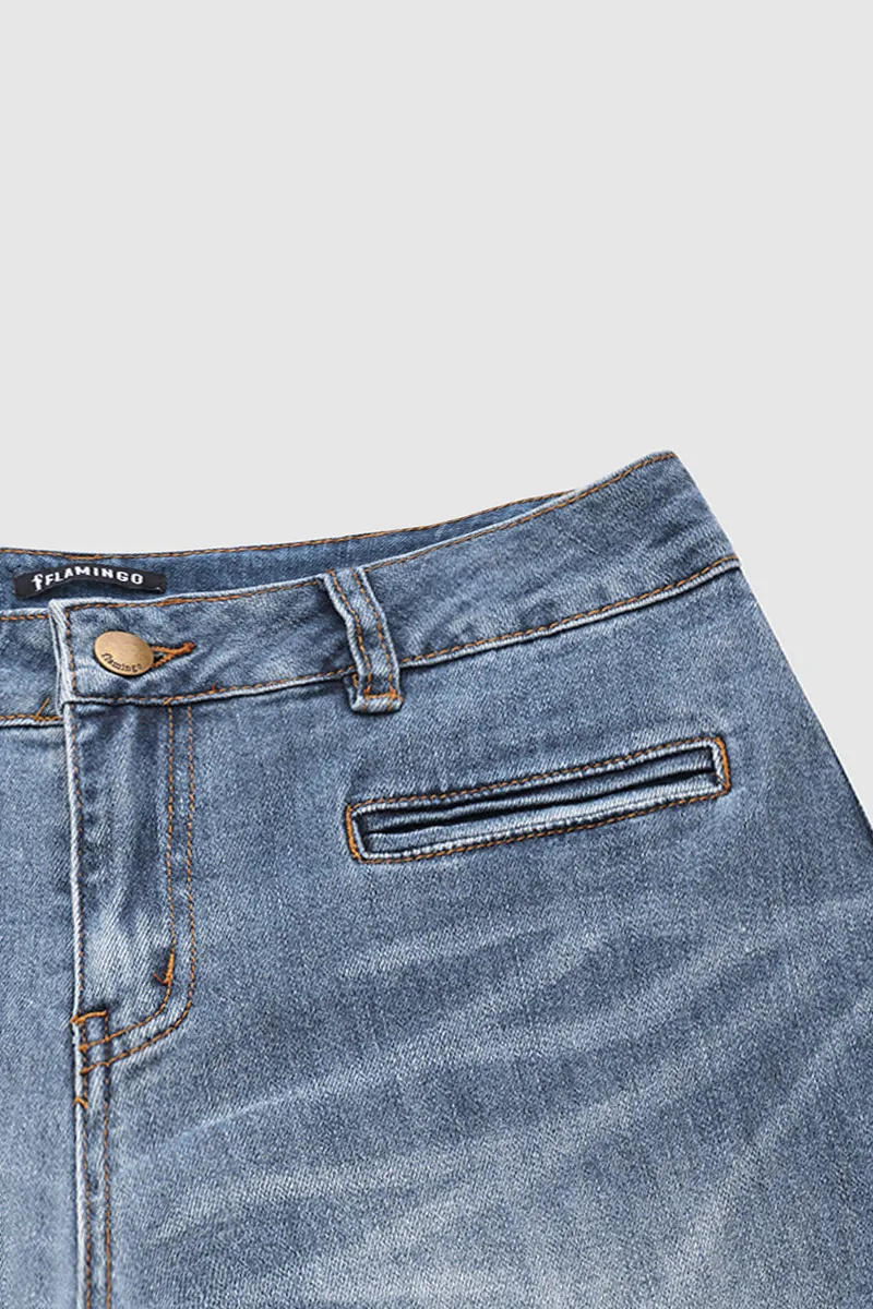 Washed Pocket Detail Low Rise Flare Jeans Without Belt