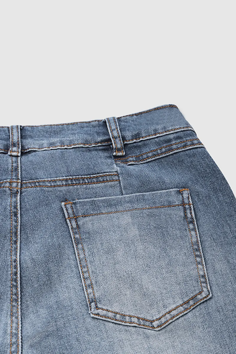 Washed Pocket Detail Low Rise Flare Jeans Without Belt