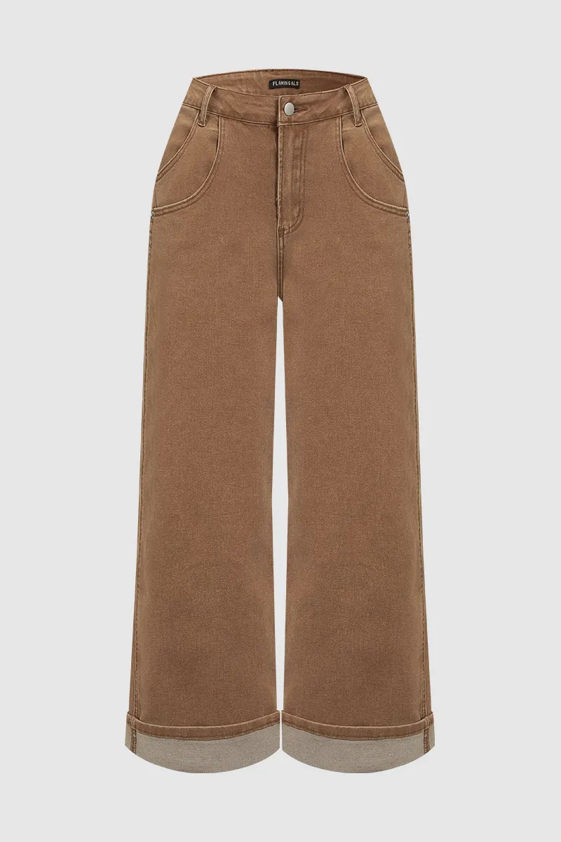 Seam Side Layered Pocket Roll Hem Mid Rise Wide Leg Pants
