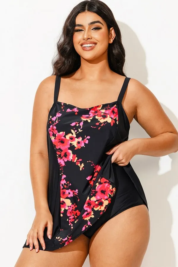 Floral Print Adjustable Wide Strap Swimdress
