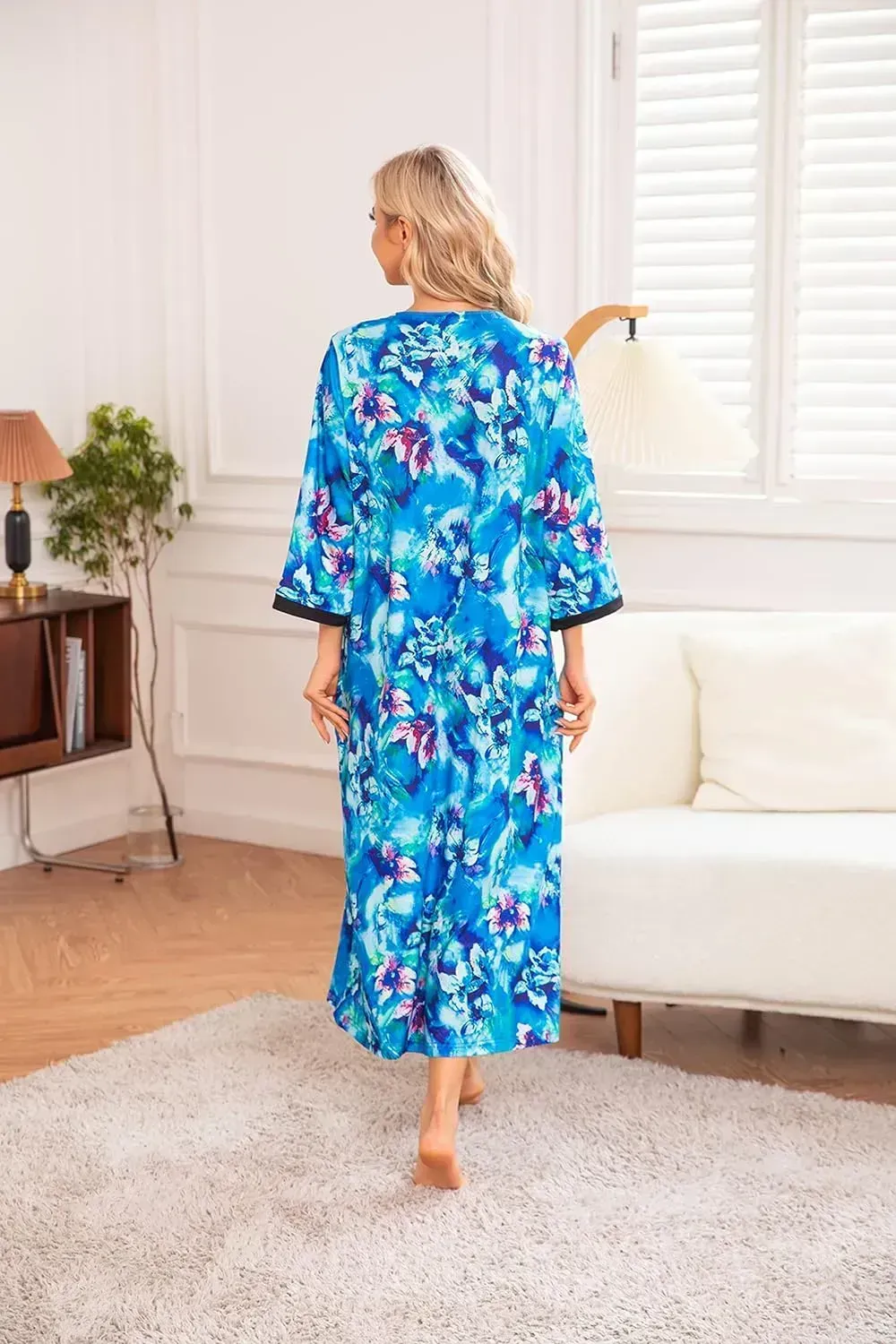 Women Zipper Robe 3/4 Sleeves Loungewear Dress Full Length Sleepwear Pockets Housecoat Nightgown Long Bathrobe