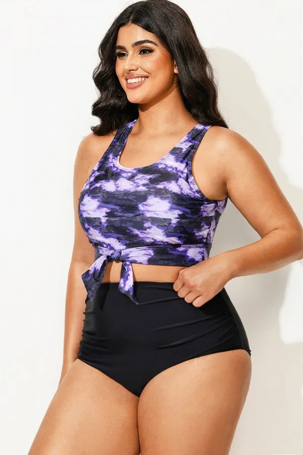 Plus Size Tie-Dye Knotted Crop Bikini Top