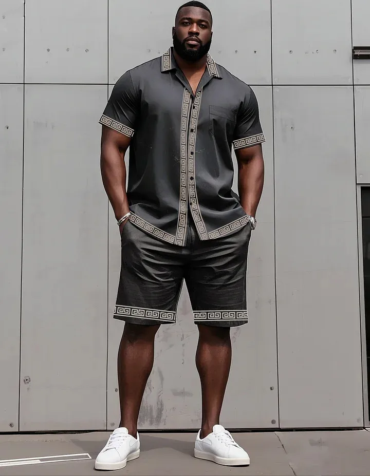 Big Man'S Retro Daily Casual Edge Color Block Printing Short Sleeve Shirt Shorts Suit