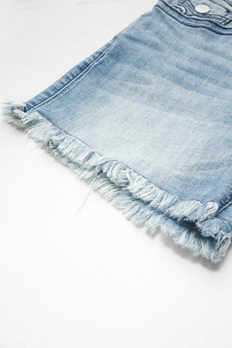 Raw Hem Stitch Detail Mid Waist Denim Shorts