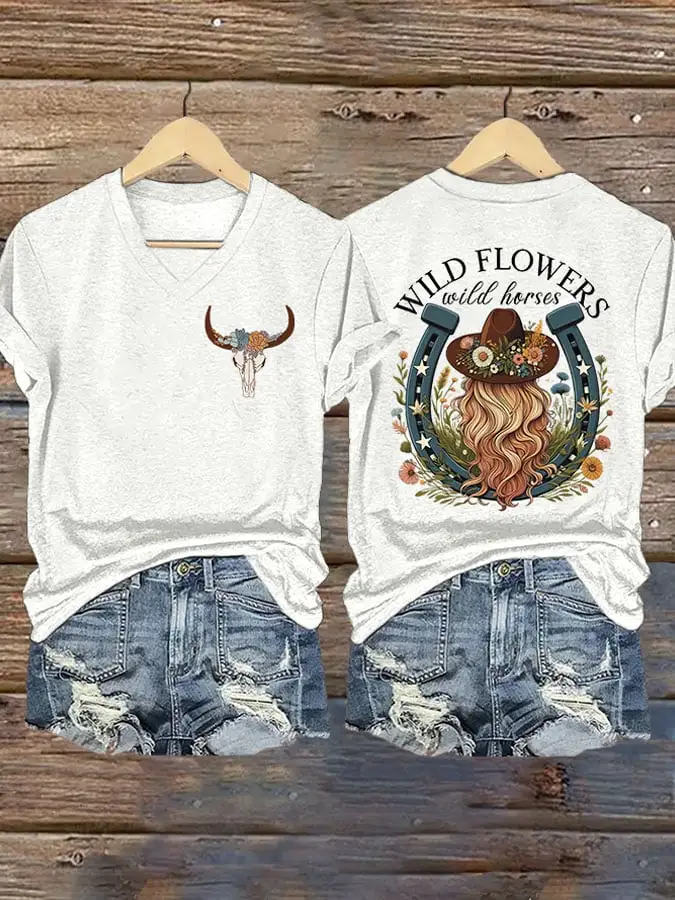 Women's Wild Flowers Wild Horses Printed T-Shirt