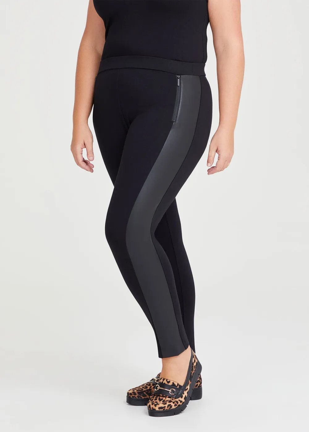 Ponte Faux Leather Zip Legging