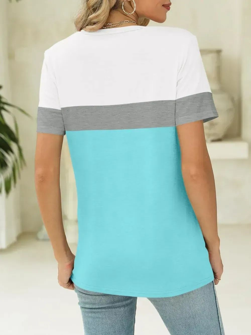 ORANDESIGNE Women's Color Block Short Sleeve T Shirts Casual V Neck Summer Tops Tees Loose Fit Blouses