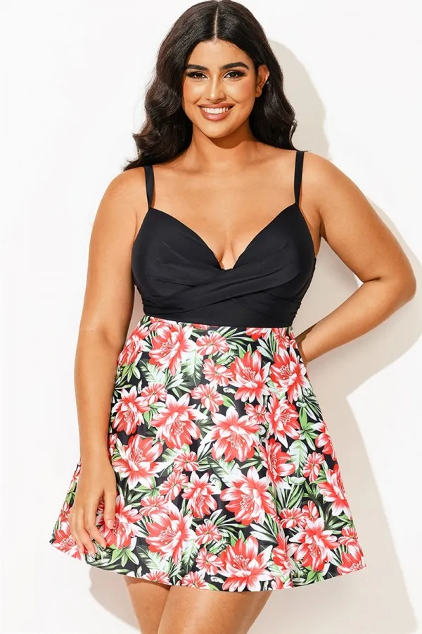 Plus Size Contrast Floral Print Style Swimdress