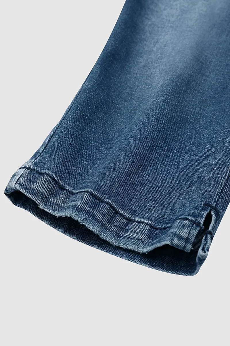 Wash Button Up Split Hem Mid Waist Capri Jeans