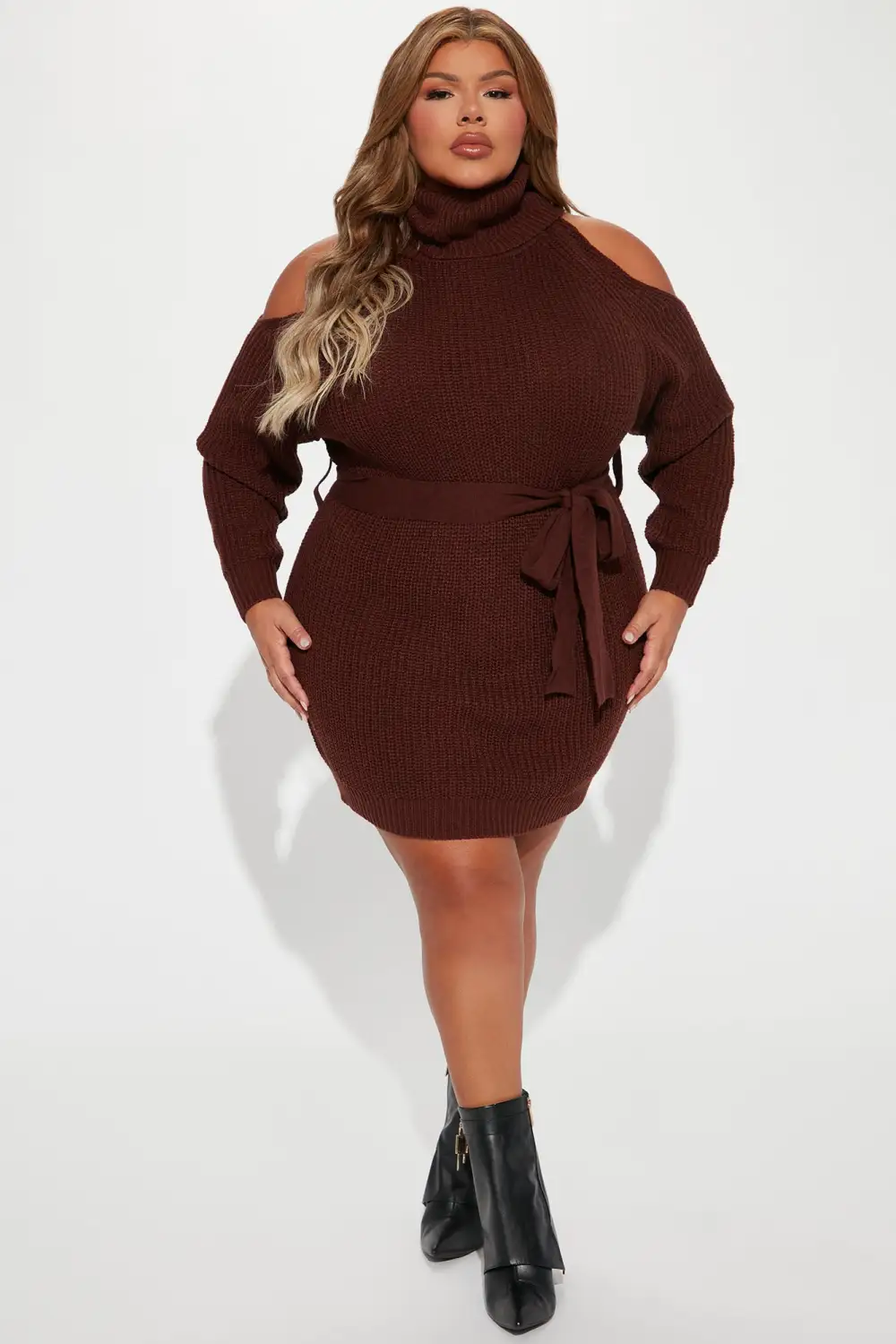 Giving Cold Shoulder Sweater Dress - Brown