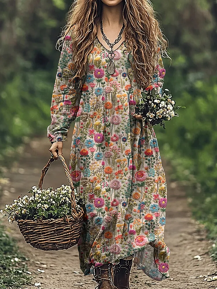 Women's Vintage Flowers Embroidered Linen Blend Maxi Dress