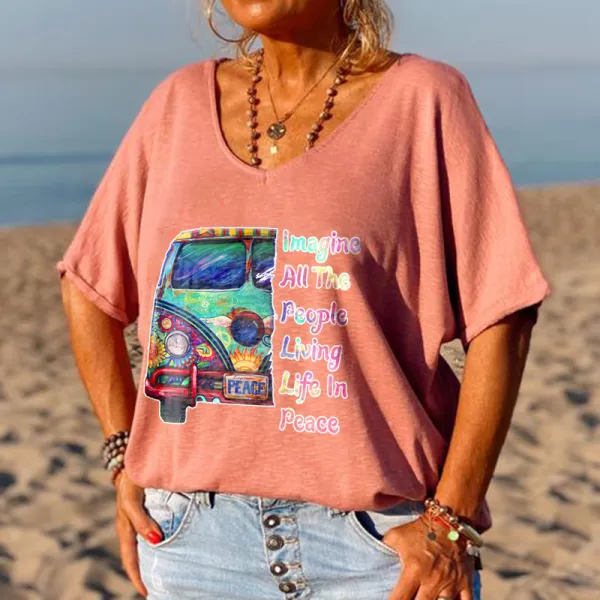 Hippie Imagine All The People Living Life In The Peace Graphic Tees
