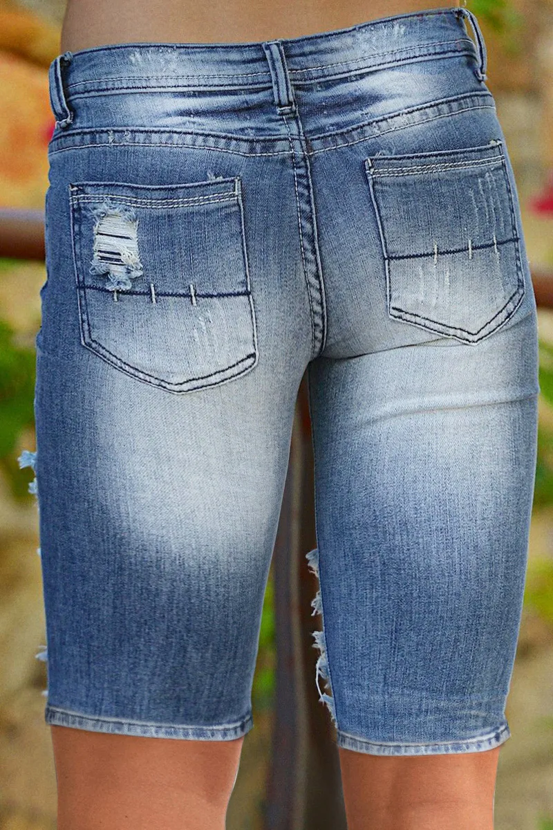 Wash Cut Out Low Waist Denim Bermuda Shorts