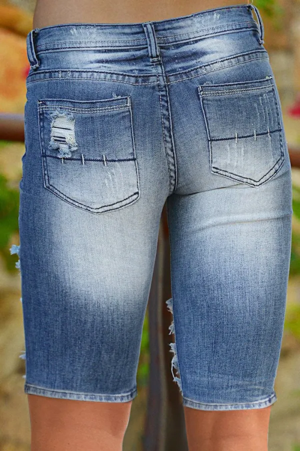 Wash Cut Out Low Waist Denim Bermuda Shorts