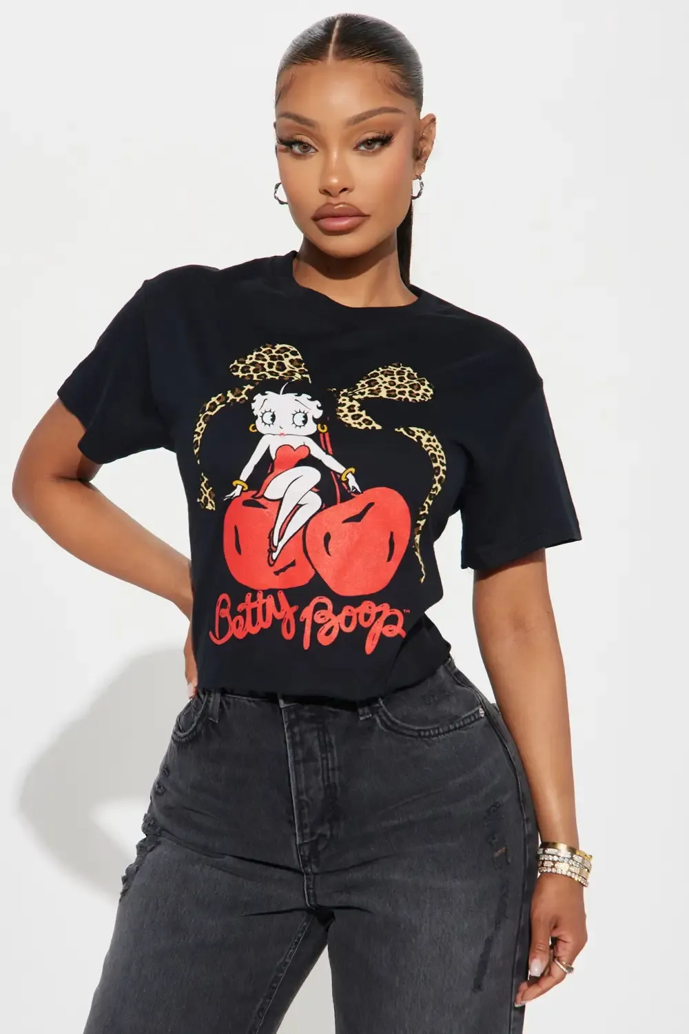 Betty Boop Cherry Leopard Cropped Tee - Black