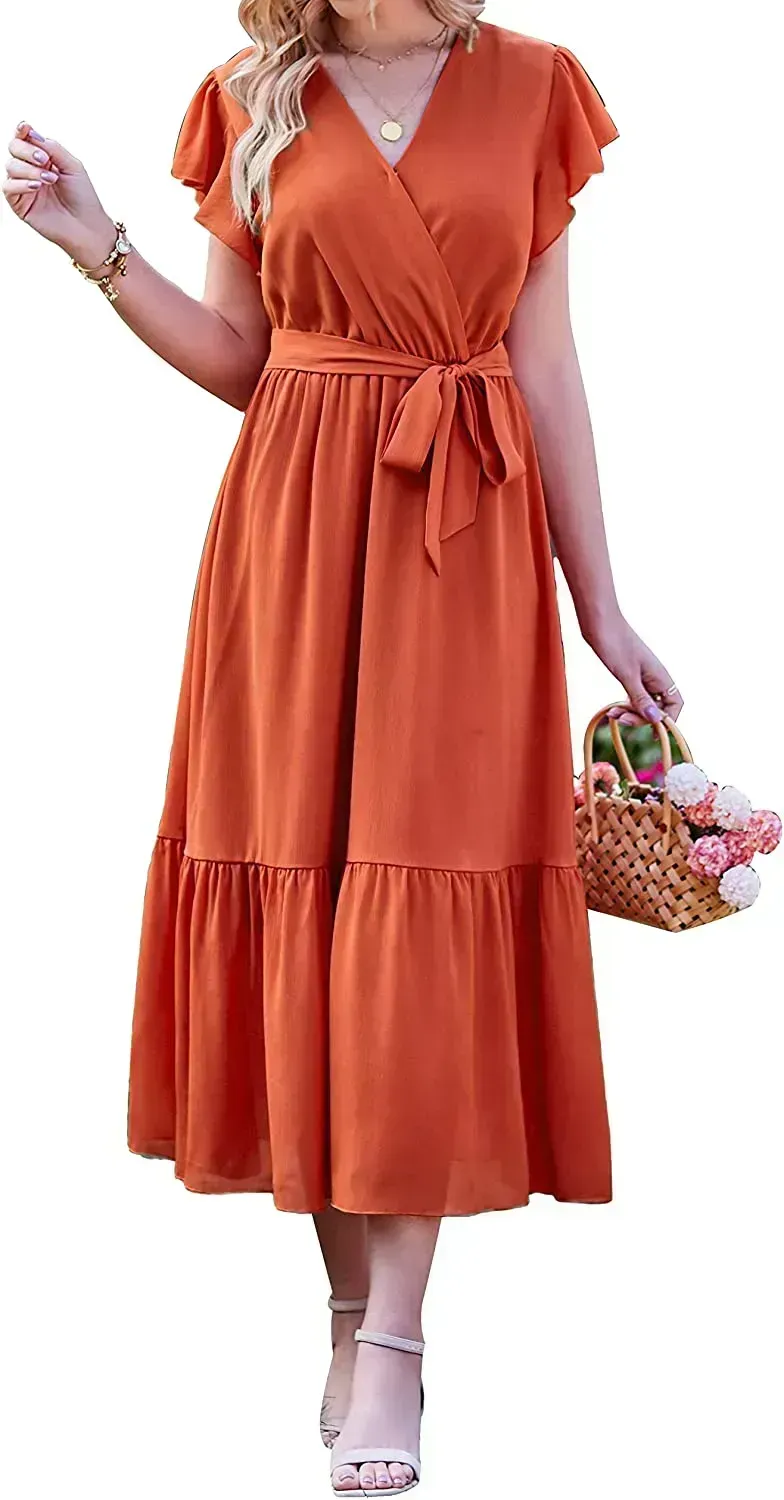 Women Summer Bohemian Floral Casual Wrap V Neck Ruffle Cap Sleeveless Belt A-Line Pleated Hem Swing Midi Sun Dress