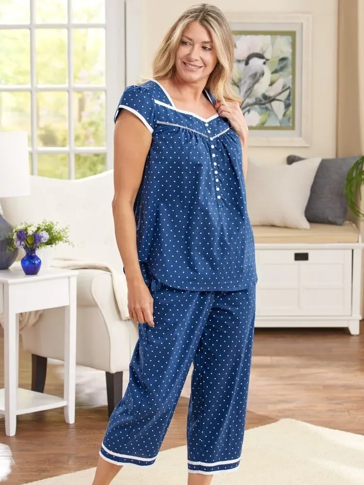 Eileen West Nautical Blue Polka Dot Cotton Capri Pajama Set