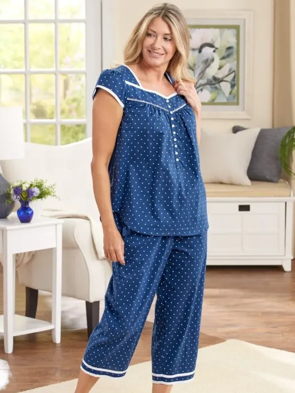 Eileen West Nautical Blue Polka Dot Cotton Capri Pajama Set