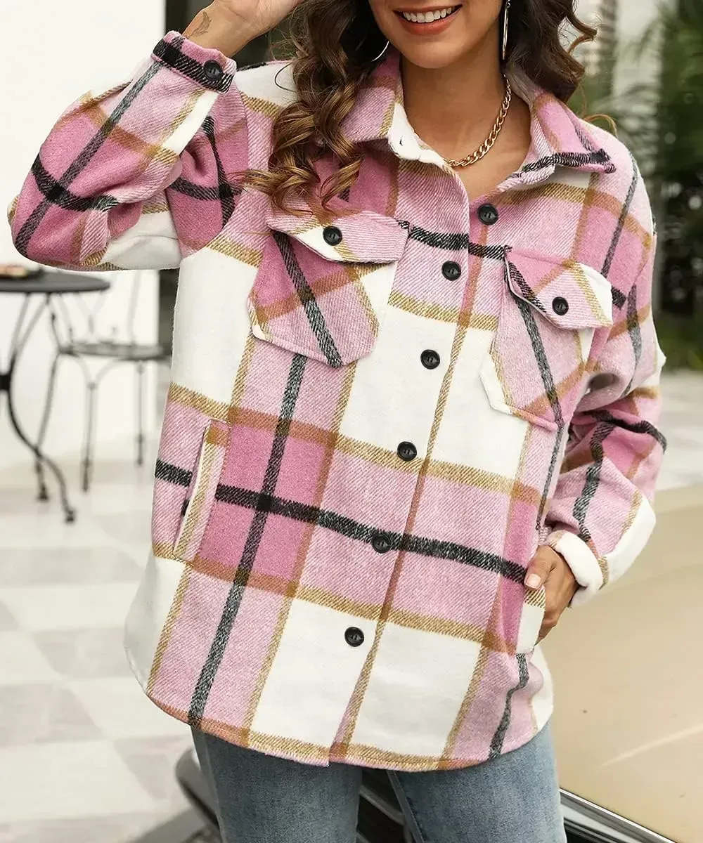 Womens Casual Plaid Shacket Button Down Long Sleeve Shirt