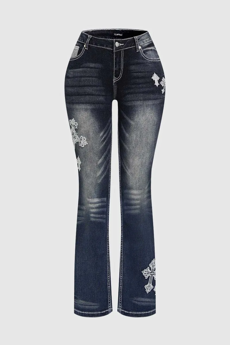 Wash Cross Embroidery Low Rise Bootcut Jeans
