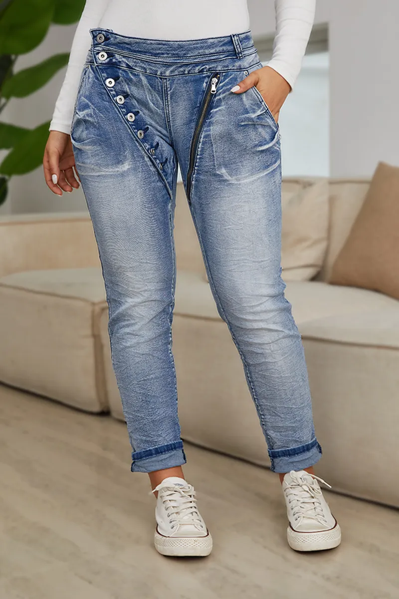 Button Up Roll Hem Low Rise Crop Jeans