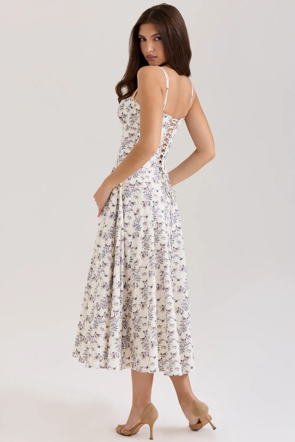 Cream Stretch Cotton Floral Print Midi Sundress