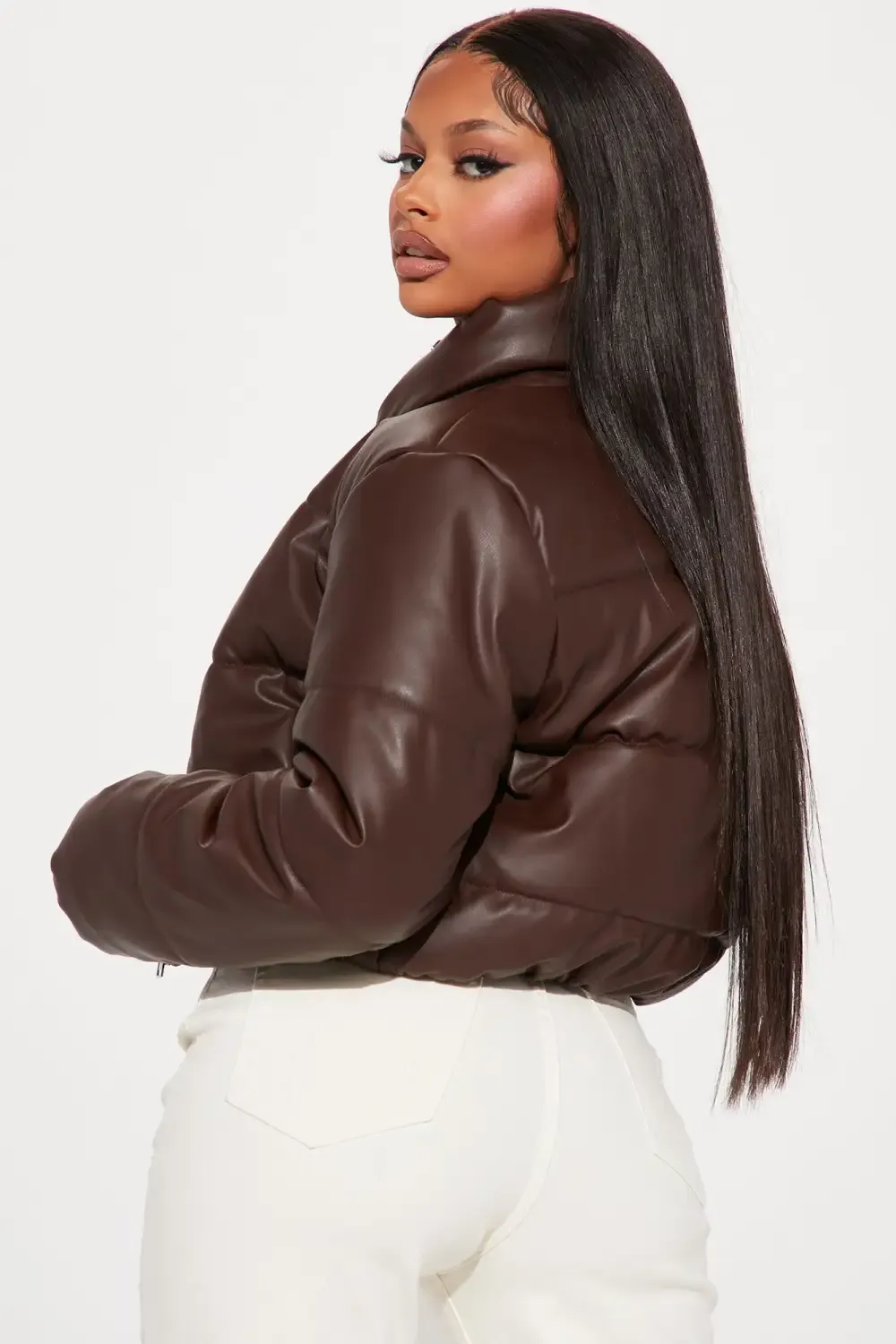 Vixen Faux Leather Puffer Jacket - Brown
