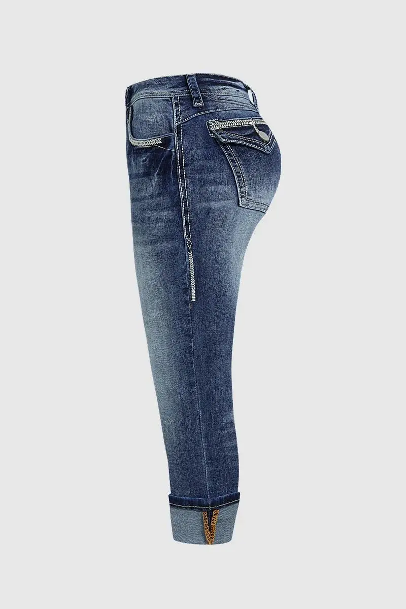 Wash High Stretch Roll Hem Mid Rise Skinny Jeans
