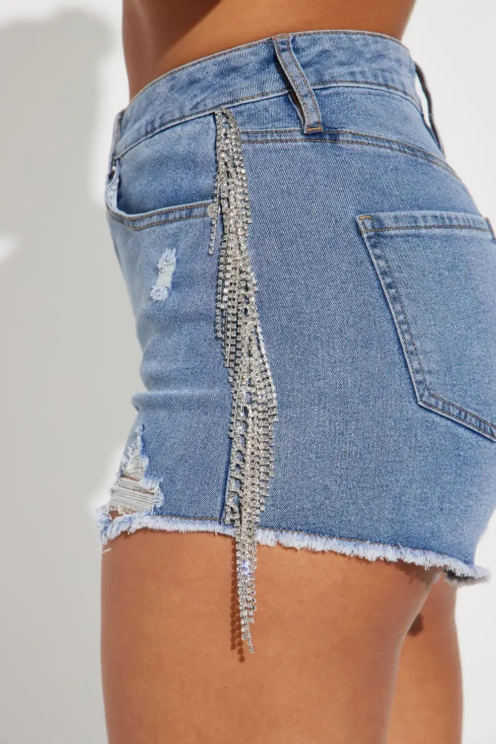 See Me Shine Embellished Stretch Denim Shorts - Light Wash