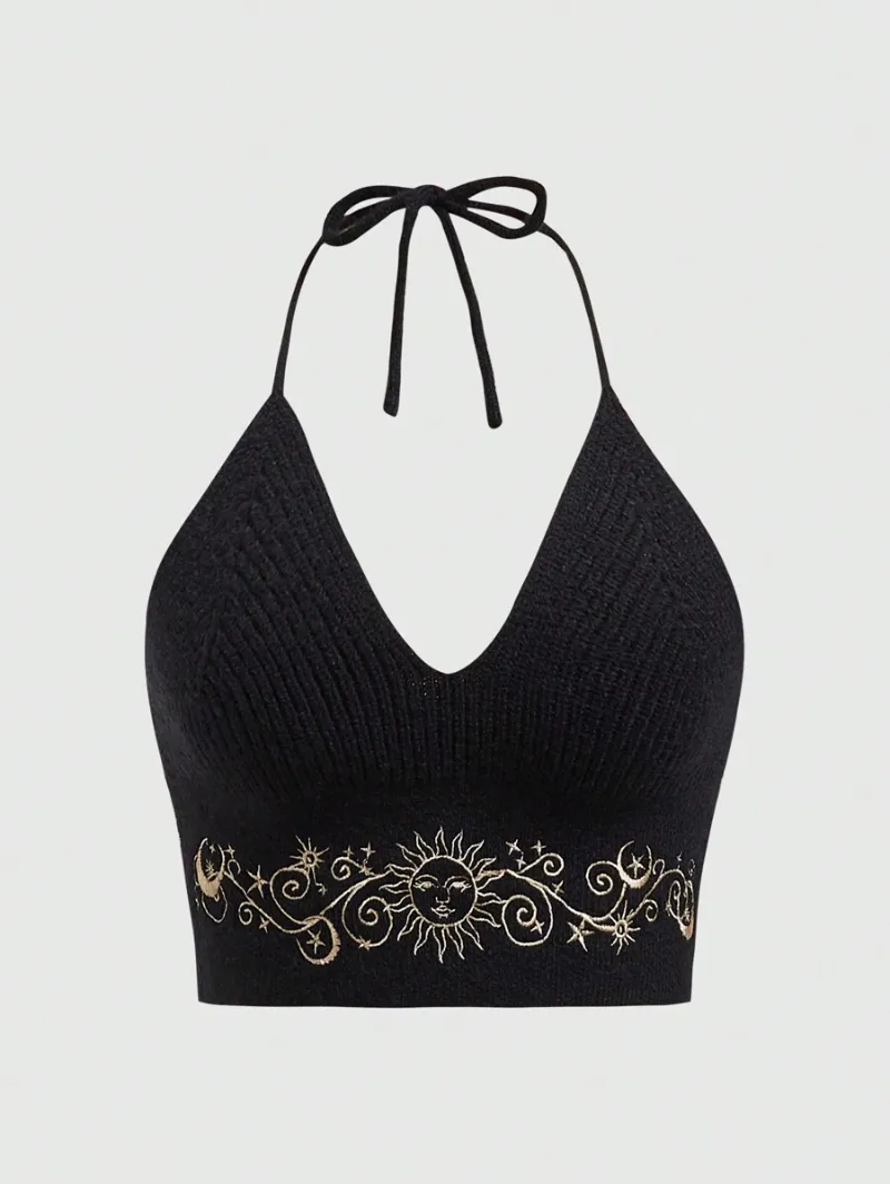 Hippie Summer Sexy Embroidered Backless Halter Knitted Top