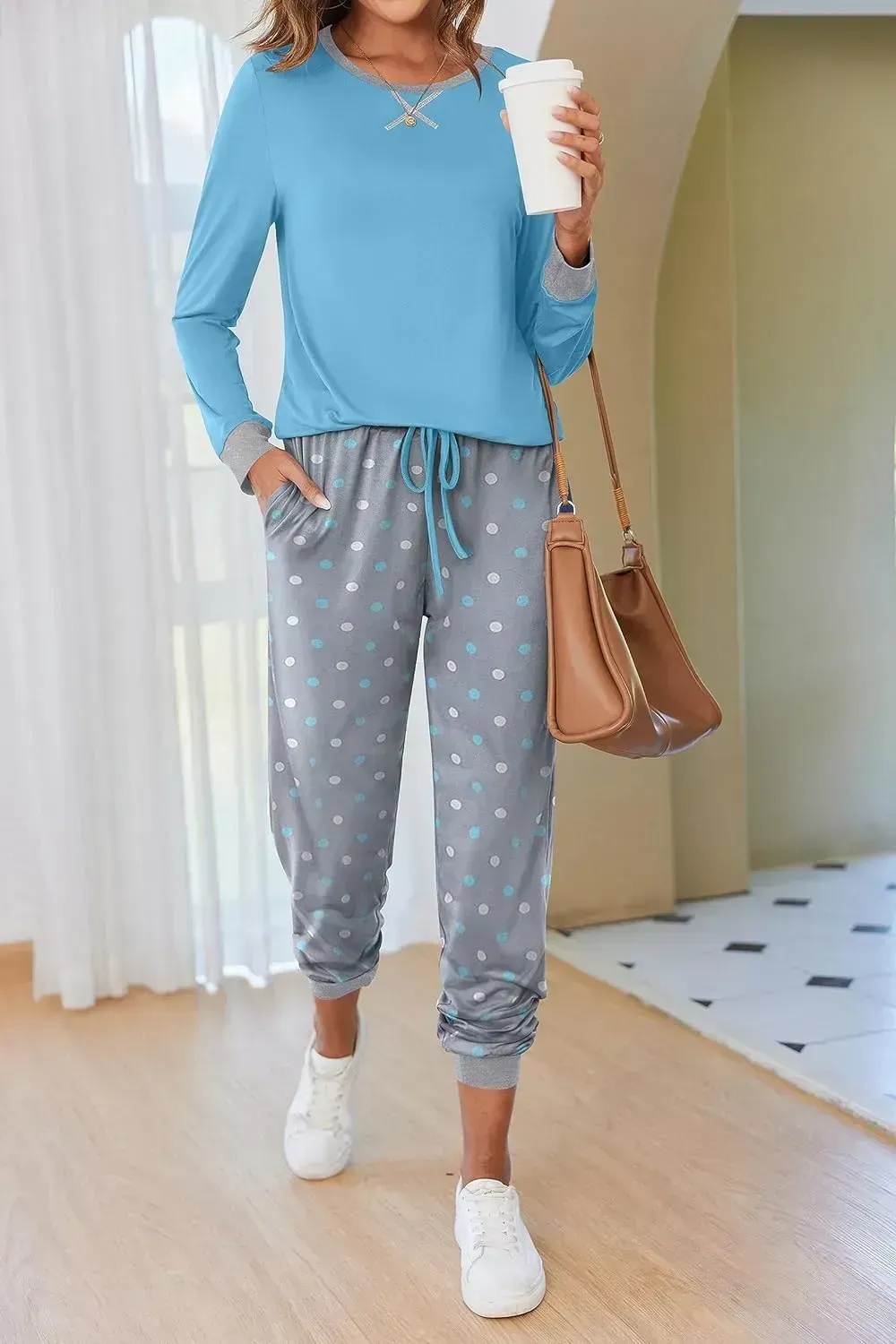 Women's Pajamas Sets Long Sleeve with Plaid Pants Soft Sleepwear O Neck 2 Piece Pjs Joggers Loung Set with Pockets