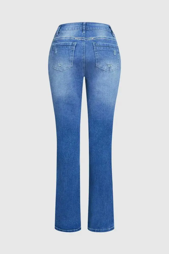Embroidered Rhinestone Decor High Waist Bootcut Jeans Without Belt