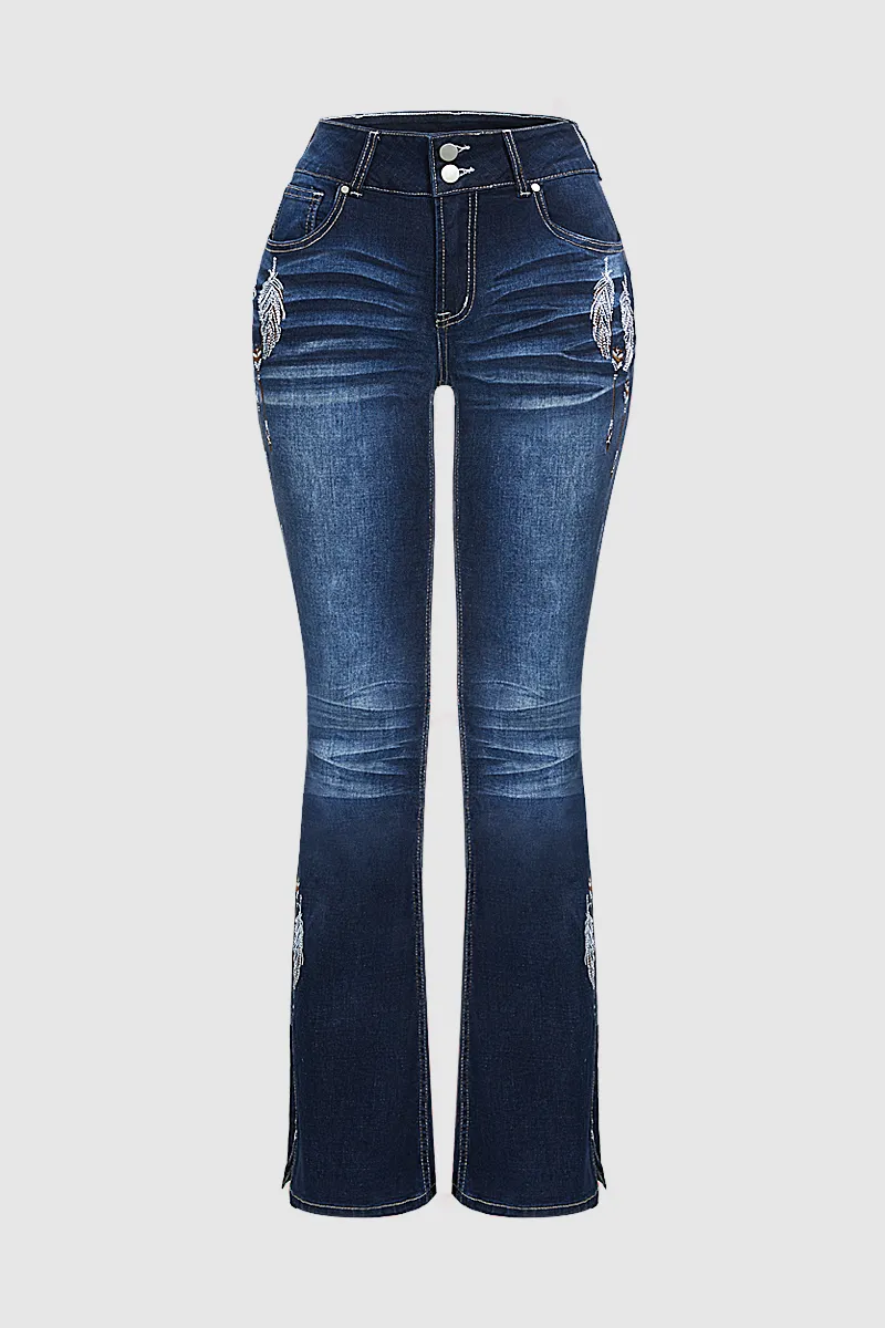 Feather Embroidery Split Hem Mid Waist Bootcut Jeans