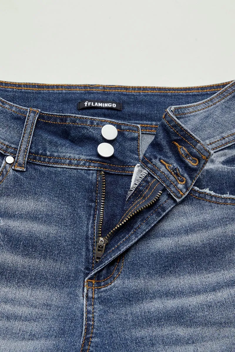 Washed Dual Button Flap Pocket Mid Waist Bootcut Jeans