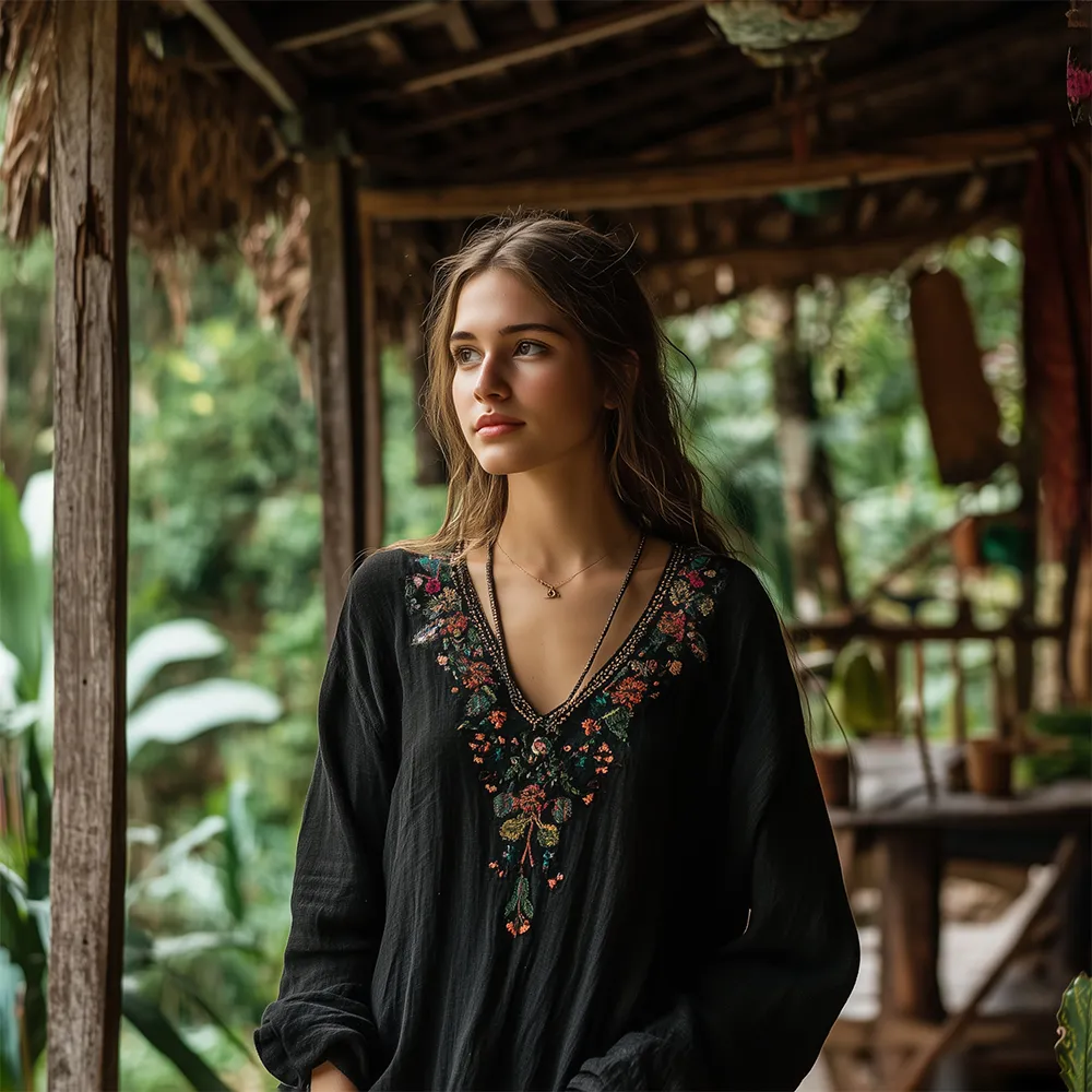 Vintage Tribal Ethnic Style Embroidered Linen V-neck T-shirt