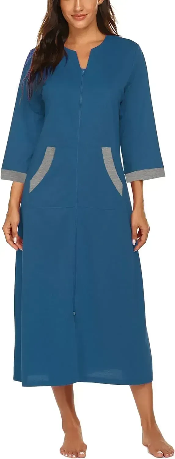 Women Zipper Robe 3/4 Sleeves Loungewear Dress Full Length Sleepwear Pockets Housecoat Nightgown Long Bathrobe