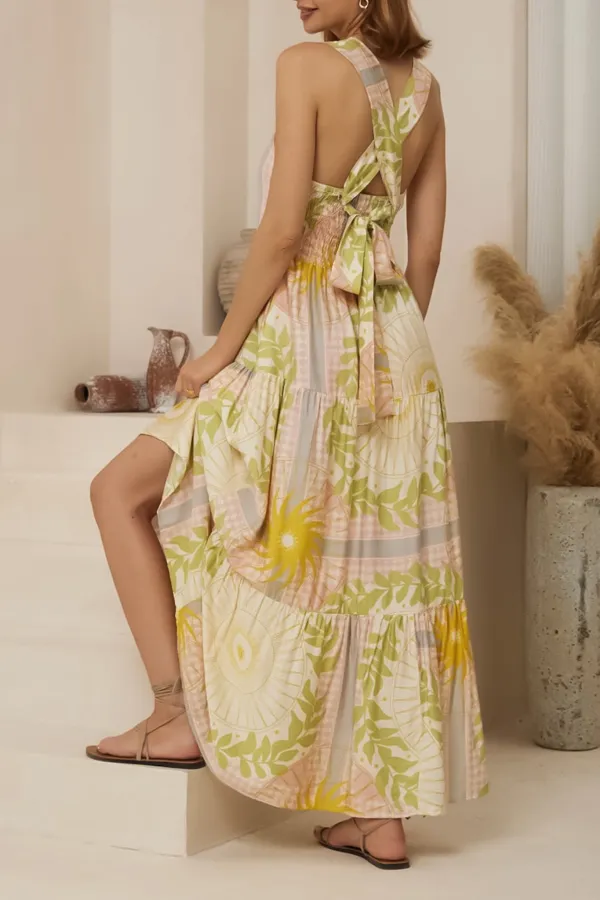 Yellow Green Floral Print Tiered Maxi Dress