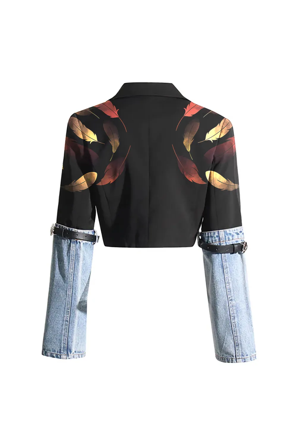 Edgy Two Tone Belted Denim Panel Lapel Single Breasted Crop Blazer