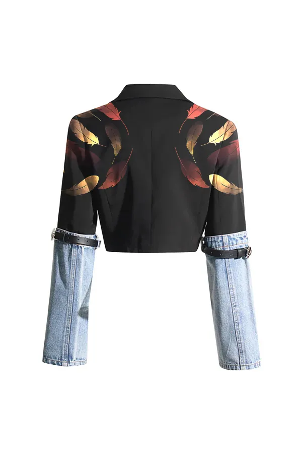 Edgy Two Tone Belted Denim Panel Lapel Single Breasted Crop Blazer