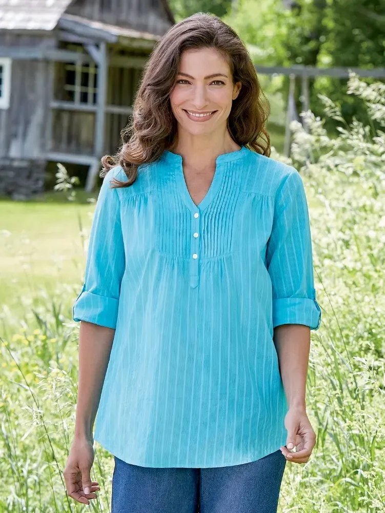 Perfect Pintuck Cotton Tunic With 3/4 Sleeves