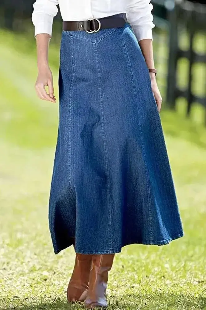 Wash Stitch Detail High Rise Long Denim Skirt Without Belt