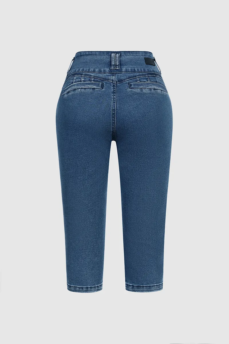 Wash Button Up Split Hem Mid Waist Capri Jeans