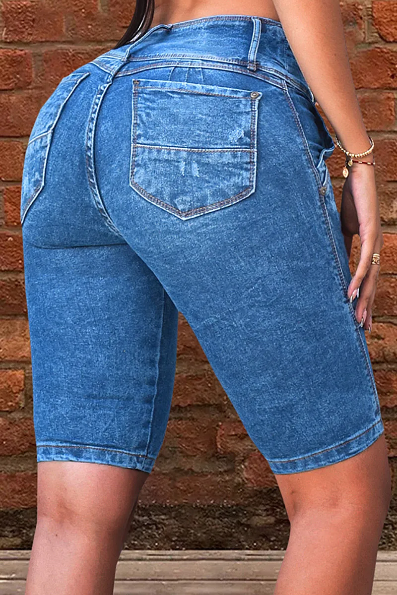 Wash Seam Front Button Fly High Rise Denim Bermuda Shorts